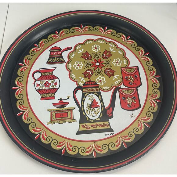 Vintage MAXEY Tin Metal Serving Tray Folk Art Coffee Motif Grinder Canister 16" - Picture 3 of 6